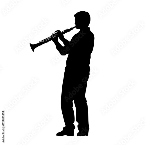 a silhouette of a man playing an instrument on a white background black, instrument, man, play, silhouette , Generative art.