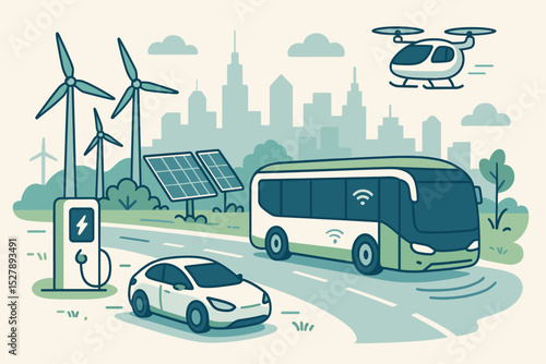 Green energy and sustainable transport in a smart city. Electric car at EV charging station, autonomous bus, and passenger drone. Future mobility concept with wind turbines and solar panels.