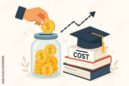 Education cost and saving money for college concept. Hand putting coin in jar for future university tuition fee. Rising student loan debt. Financial planning and investment.