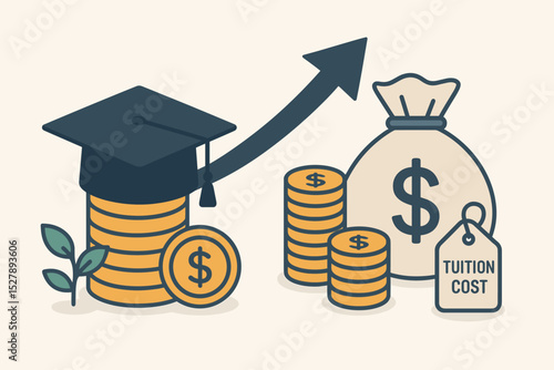 Education cost, tuition fee. Rising price, inflation. Student loan, debt. College savings, investment. Financial planning. Graduation cap, money, coins. University fund, scholarship.