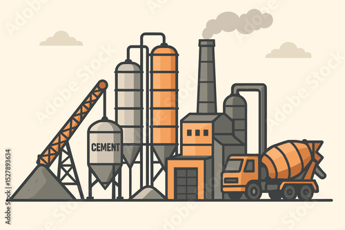 Cement factory illustration with concrete mixer truck. Industrial plant for construction material production. Vector graphic of heavy industry, manufacturing and building process.