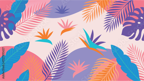 Colorful tropical foliage with palm leaves and bird of paradise flowers creating a vibrant pattern art