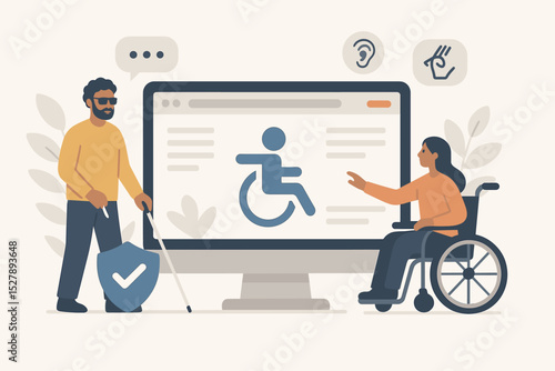 Web accessibility concept. Inclusive user experience for people with disabilities. Blind man and woman in wheelchair using accessible website. Digital inclusion, diversity, equality vector.