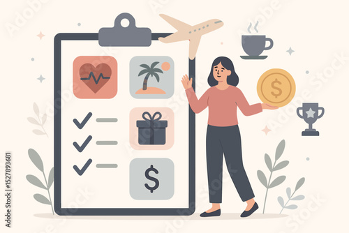 Job benefits and compensation package vector illustration. Woman reviewing workplace perks, salary, health insurance, paid vacation and rewards. Human resources and career concept.