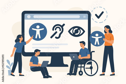 Web accessibility concept. Inclusive user interface design for people with disability. Person in wheelchair. Hearing, vision, physical impairment icons on screen. UX for inclusion.