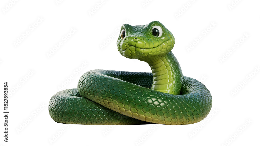 Fototapeta premium A coiled green snake with large eyes on a transparent background