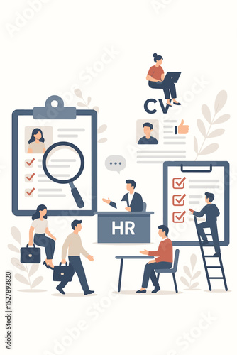 Job interview and recruitment process vector illustration. Human resources manager hiring new employee. Candidate search and selection. HR screening CV resume. Corporate employment concept.