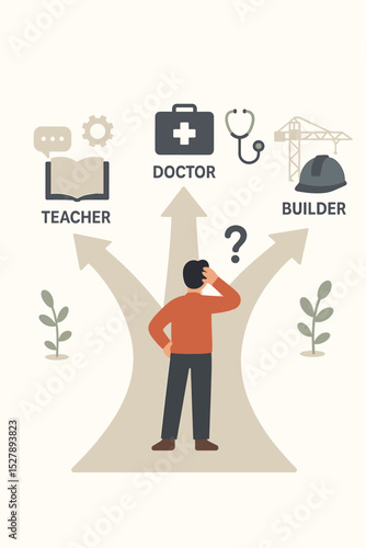 Career path choice vector concept. Confused person at crossroads choosing a profession. Dilemma between teacher, doctor, builder. Future job opportunities and exploration concept.
