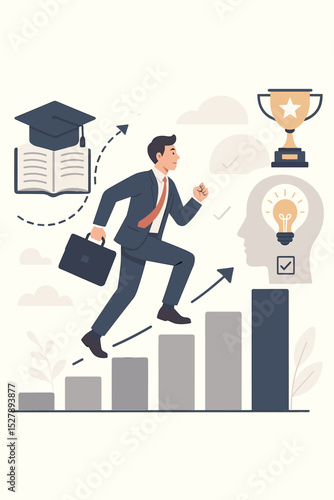 Continuous learning journey for career growth. Ambitious businessman climbing bar chart stairs to success. Professional development, skill up and motivation for achievement vector.