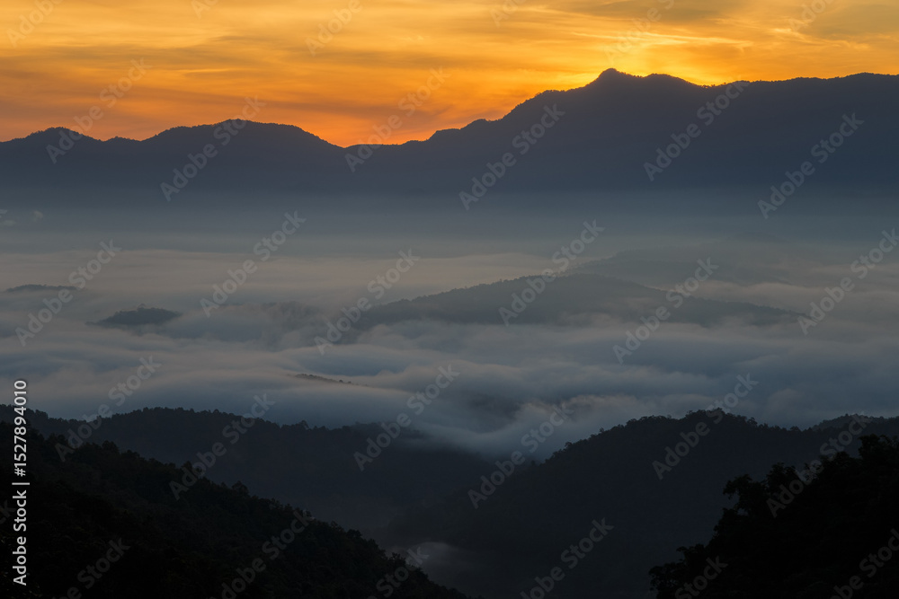Obraz premium Morning light in the mountains. Fog in the valley. Sunlight entering the valley and on the mountains. Beautiful summer morning