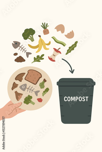 Composting process with kitchen leftovers. Hand sorting organic food waste like fruits, vegetables, and fish into a compost bin. Concept of recycling, sustainability, and zero waste.