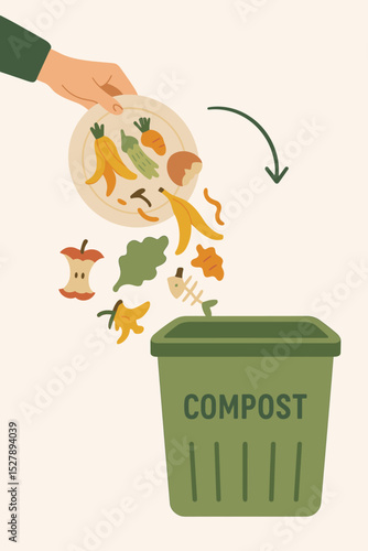 Composting concept with hand throwing organic food waste into a bin. Kitchen leftovers, fruit peels, vegetable scraps for recycling. Sustainable, eco-friendly, zero waste lifestyle.