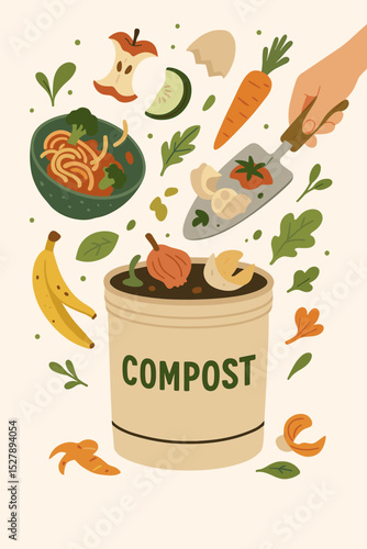 Composting kitchen leftovers and food scraps. Organic waste recycling concept. Sustainable zero waste lifestyle. Hand putting vegetables in a bin for natural soil fertilizer.