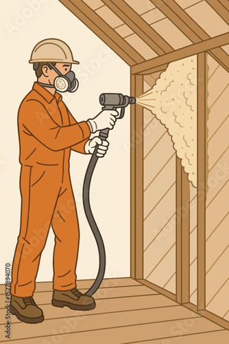 Construction worker in protective gear applying spray foam insulation. Contractor with sprayer gun installing polyurethane foam in wall for thermal proofing and energy efficiency.