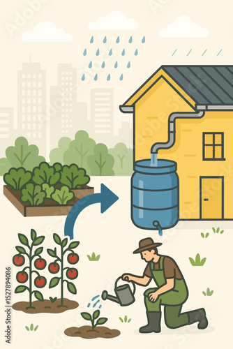 Rainwater harvesting system infographic. Man watering plants in an urban vegetable garden with collected rain. Sustainable living, eco-friendly home, and water conservation concept.