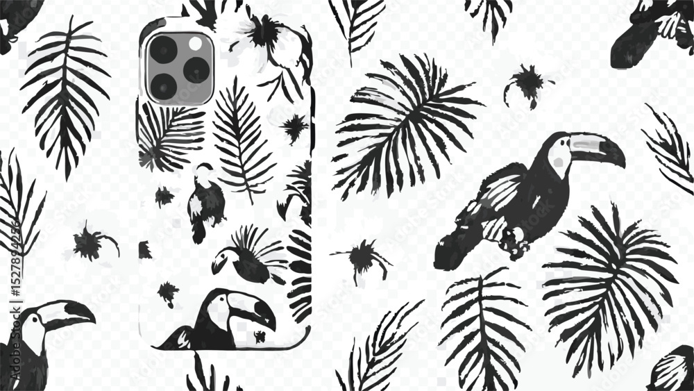 Naklejka premium Black and white toucan and tropical leaf pattern on a phone case and background design element image