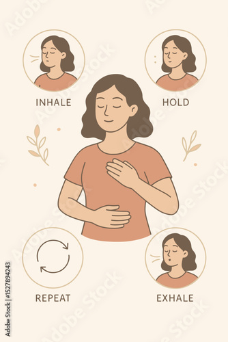 Mindful breathing exercise for relaxation and stress relief. Woman practicing meditation with inhale, hold, and exhale instructions. Vector infographic for mental health and wellness.