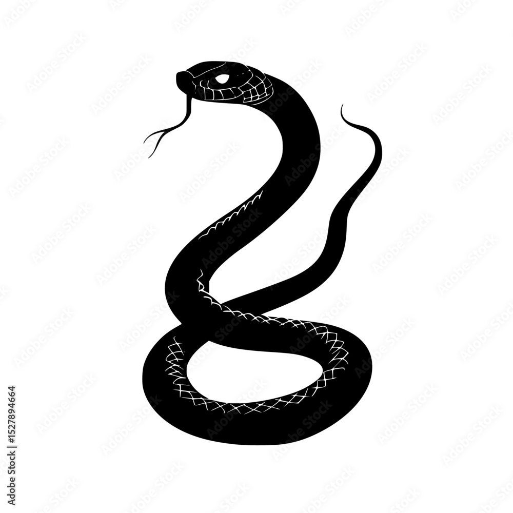 Fototapeta premium black and white silhouette of a snake with head and tongue black, head, illustration, silhouette, snake, symbol, tattoo, tongue , Generative art.