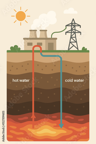 Geothermal energy production diagram with power plant. Clean, green, sustainable resource for electricity. Earth heat cross-section infographic vector. Hot and cold water cycle.