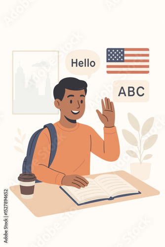 Concept of learning English. Young male student studying in the USA with an American flag. Foreign exchange pupil in an ESL class. Global education and international communication.