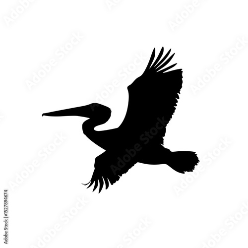 a black silhouette of a pelican or stork flying in the air bird, black, flight, fly, heron, pelican, silhouette, stork, wing , Generative art.