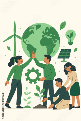 Sustainable teamwork for environmental protection and conservation. People collaborate planting a tree. Concept for green energy, ecology, saving the planet with renewable sources.