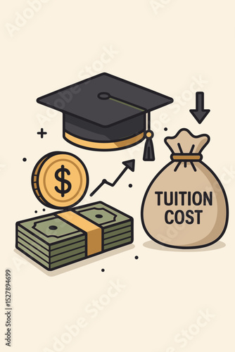 Tuition cost savings concept. Education financial planning. Student loan debt reduction. College fund investment growth. Graduation cap with money, dollar coin, and saving bag.