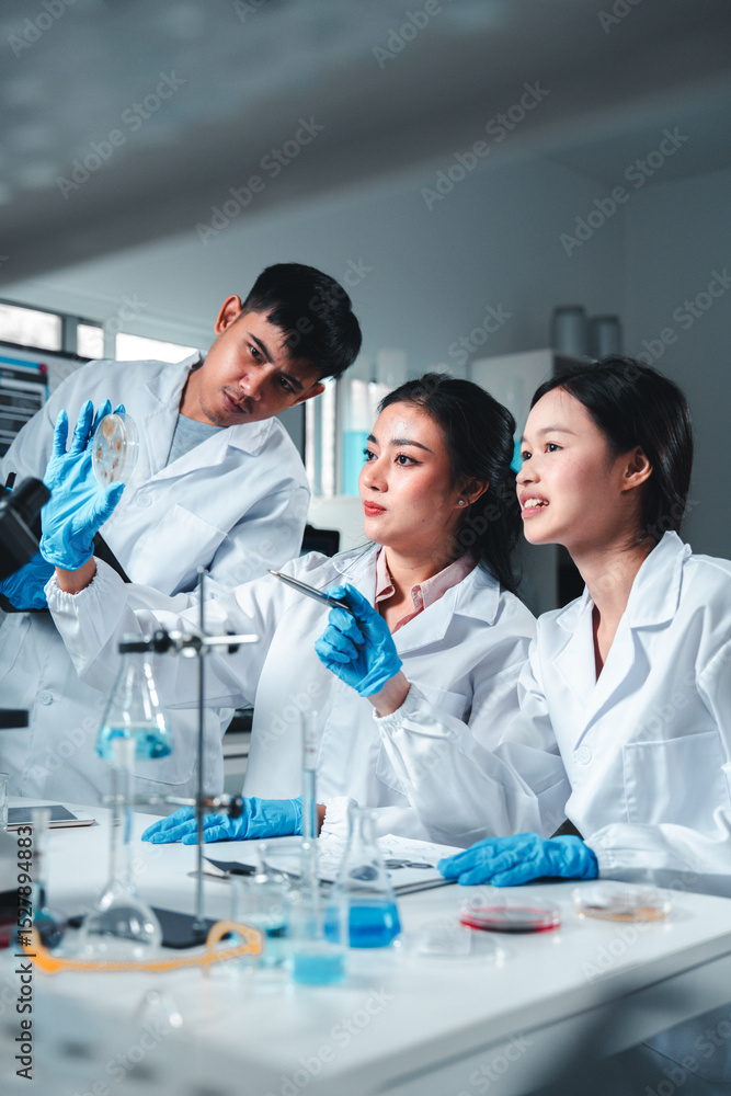 A female scientist in a white lab coat and blue gloves closely examines a petri dish with visible mold cultures, showcasing focus and expertise in microbiological analysis and lab research. A female scientist in a white lab coat and blue gloves closely examines a petri dish with visible mold cultures, showcasing focus and expertise in microbiological analysis and lab research.