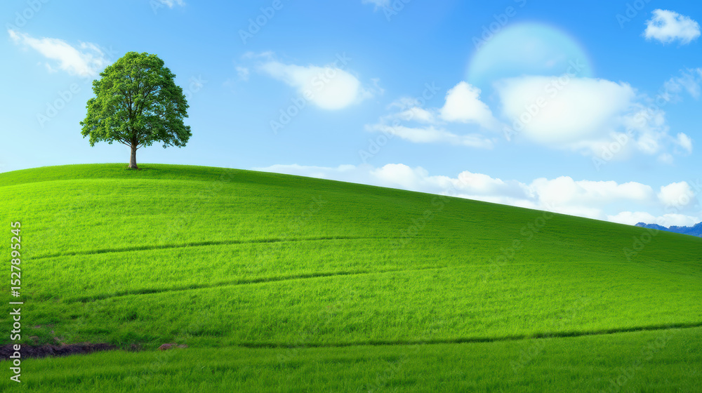 Obraz premium Serene landscape featuring single tree on lush green hill under bright blue sky with fluffy clouds, evoking sense of tranquility and peace