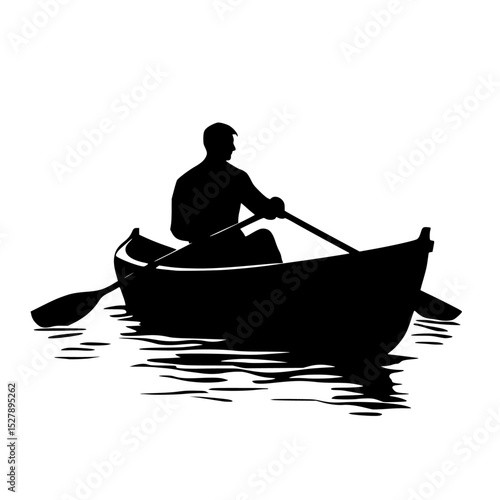 a black silhouette of a man rowing a boat black, boat, canoe, man, row, silhouette, water , Generative art.