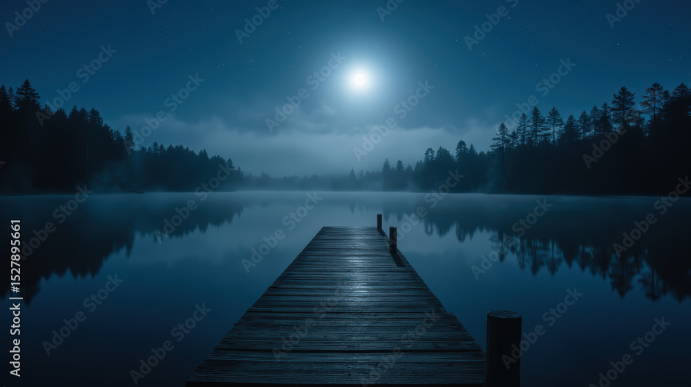 Naklejka premium Serene lake night with wooden dock extending into water, illuminated by bright full moon. scene is tranquil, surrounded by mist and trees