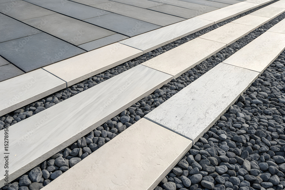 Fototapeta premium Modern landscape architecture with contrasting gray and beige stone pavers and dark pebble accents. A minimalist, linear hardscape design for patios generative ai