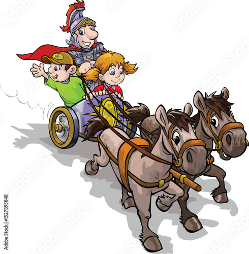cartoon image of a Roman chariot with a Roman warrior, and two modern children with him.
