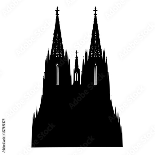 black silhouette of a church or cathedral with spires and a cross on the steeple black, castle, cathedral, church, cross, icon, silhouette, spire, steeple, tower , Generative art.