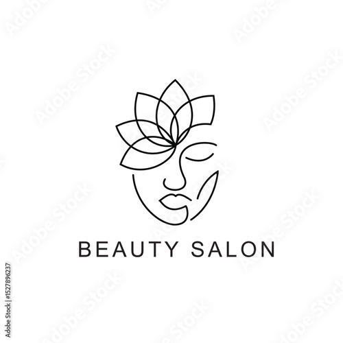 Minimalist linear logo of a beautiful woman's face with a blooming flower, perfect for beauty salons and spas.