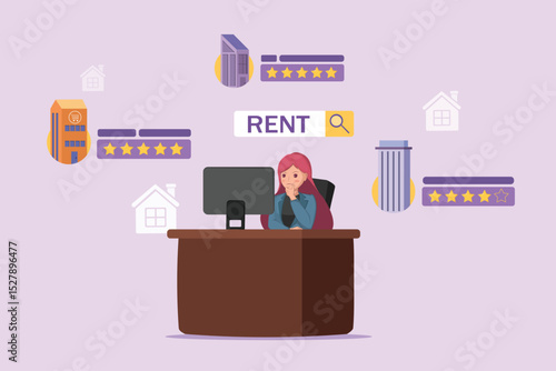 Online Apartment Search: Businesswoman Comparing Rental Properties and Reviews on a Computer, Highlighting the Process of Finding the Best Home or Office Space for Rent
