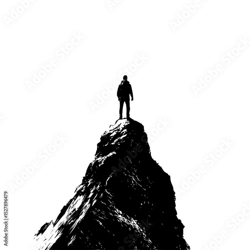 a man standing on the top of a mountain peak, black and white black, hill, man, mountain, mountain peak, person, rock, stand, top , Generative art.