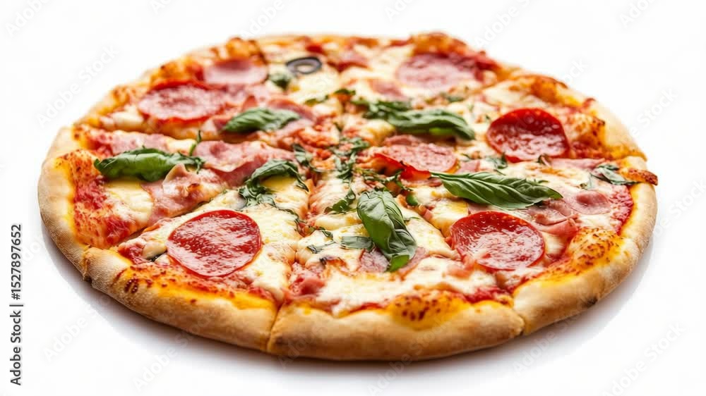 Tasty pepperoni pizza topped with fresh basil leaves and gooey cheese, photographed in a realistic style on a white background, concept of fast food Tasty pepperoni pizza topped with fresh basil leaves and gooey cheese, photographed in a realistic style on a white background, concept of fast food