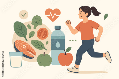 Healthy lifestyle and wellness concept vector. Young woman running for fitness and cardio exercise. Balanced diet and nutrition with food like fish, vegetables, and fruit for health.
