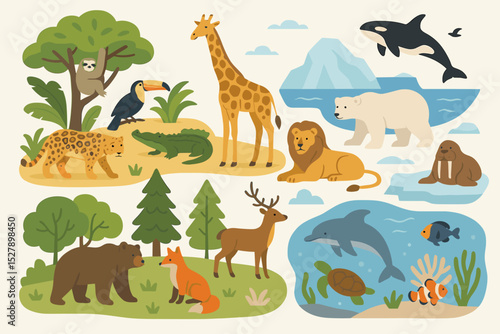 World animals vector illustration set. Cute cartoon wildlife from different ecosystems: jungle, arctic, ocean, forest, savanna. Biodiversity and nature conservation concept.