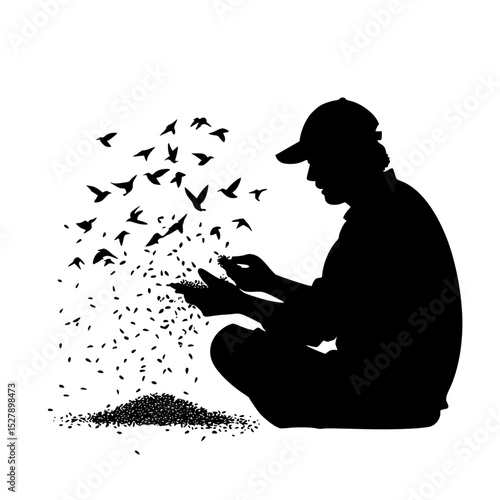 a black silhouette of a man sitting and texting on his phone surrounded by birds flying around him bird, black, fly, man, person, phone, seed, silhouette, sit, surround , Generative art.
