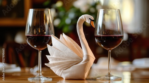 Fototapeta Naklejka Na Ścianę i Meble -  Napkin with a folded swan design placed in a wine glass