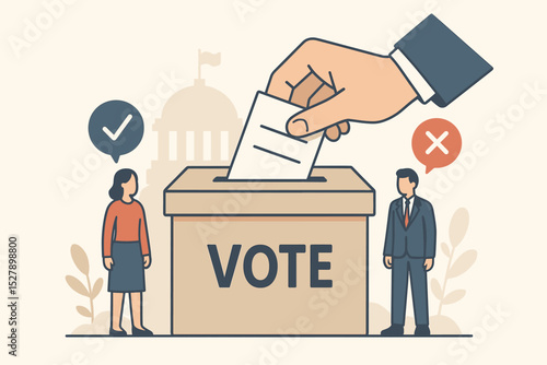 Election day concept with hand putting ballot into a vote box. Political choice with yes and no, approve and reject symbols. Democracy, freedom, and citizen duty to vote vector.