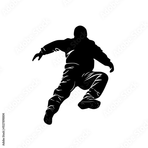 a black and white silhouette of a man jumping on a skateboard ball, black, jump, man, silhouette, skateboard, skateboarder, snowboard, snowboarder , Generative art.