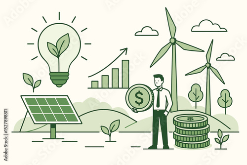 Green energy business investment concept. Investor funding sustainable technology like solar panels and wind turbines. Ecology, ESG funds and financial profit growth chart illustration.