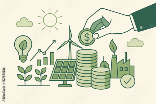 Sustainable energy investment concept. Green business finance and ESG funding. Renewable power like solar and wind for economic growth. Ecology and environment line art illustration.
