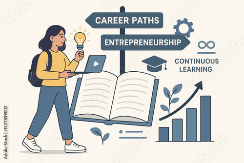 Career path choice vector concept. Gen Z student with idea, laptop exploring entrepreneurship, continuous learning. Education, upskilling and personal growth for professional future.