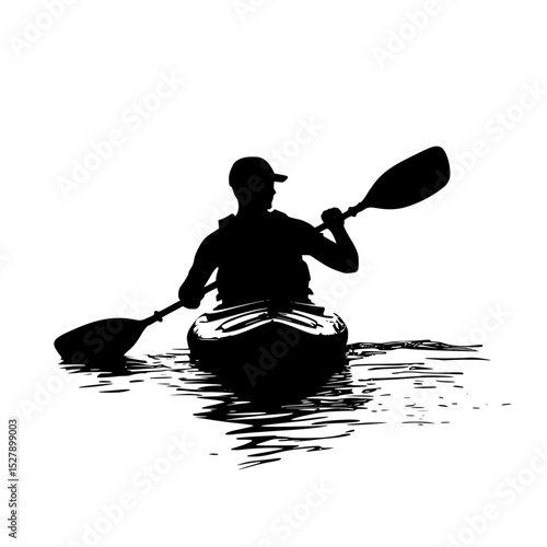 a black and white silhouette of a person in a kayak black, kayak, man, person, river, silhouette, water , Generative art.