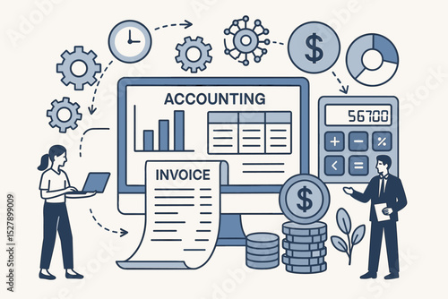 Accounting software illustration with business people managing finances, invoice, calculator, charts. Financial technology for bookkeeping, data analysis, reporting, and budget planning concept.
