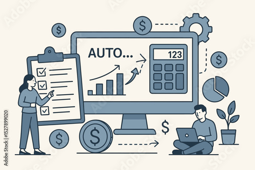 Financial automation concept with accounting software. Business team manages budget and investment. Data analysis, bookkeeping, auditing report for corporate finance technology.